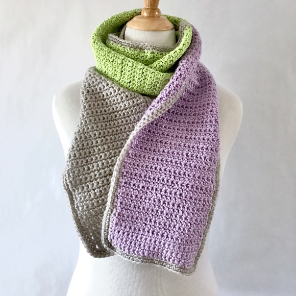 Hand Crafted Color Blocked Crocheted Scarf Grey Purple Lime -Proceeds To Charity - Picture 2 of 7